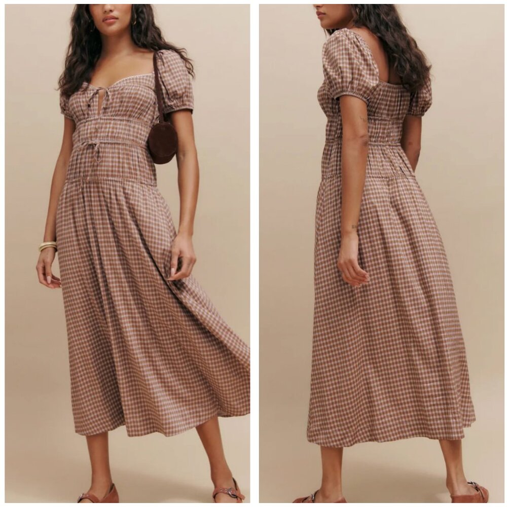 Reformation Brown Checkered Midi Dress